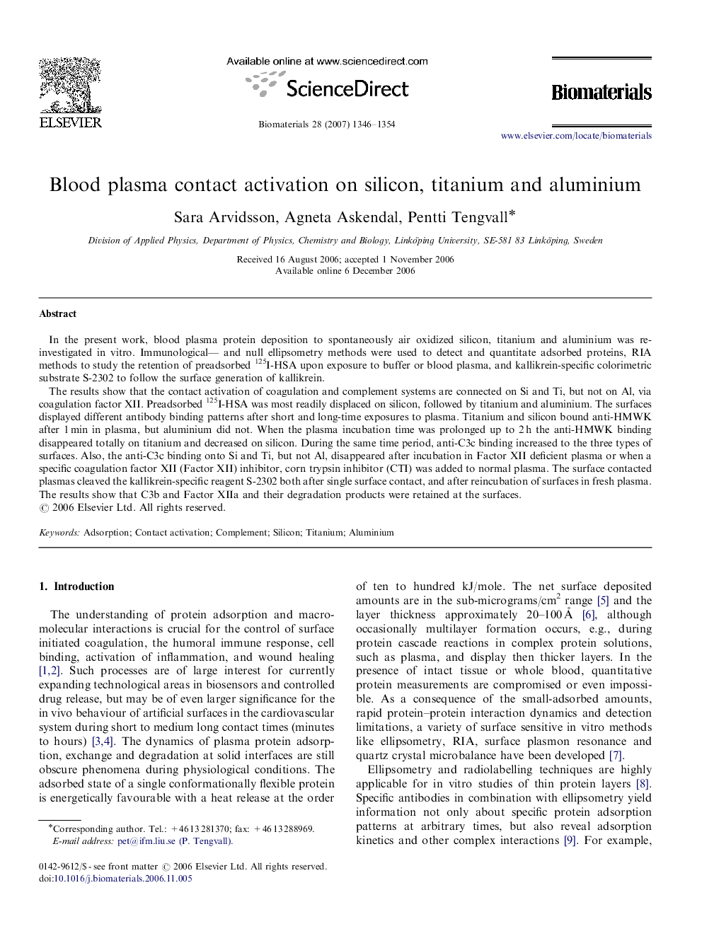 Blood plasma contact activation on silicon, titanium and aluminium