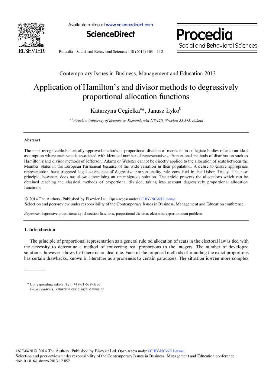 Application of Hamilton's and Divisor Methods to Degressively Proportional Allocation Functions 