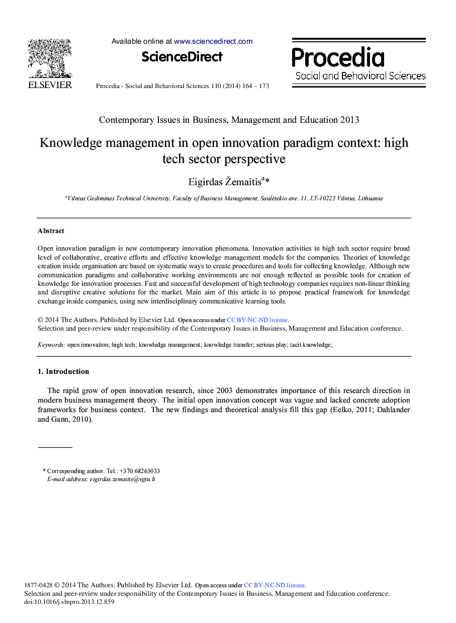 Knowledge Management in Open Innovation Paradigm Context: High Tech Sector Perspective 