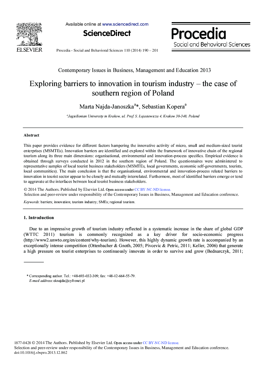 Exploring Barriers to Innovation in Tourism Industry – The Case of Southern Region of Poland 