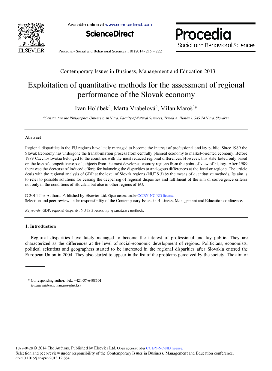 Exploitation of Quantitative Methods for the Assessment of Regional Performance of the Slovak Economy 