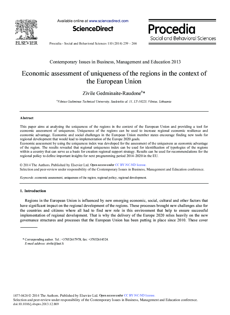 Economic Assessment of Uniqueness of the Regions in the Context of the European Union 