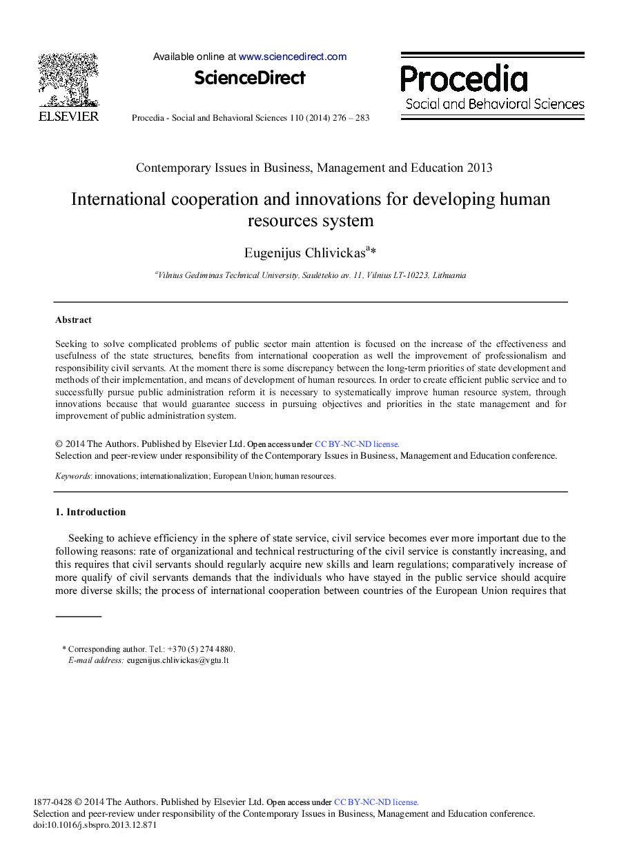 International Cooperation and Innovations for Developing Human Resources System 