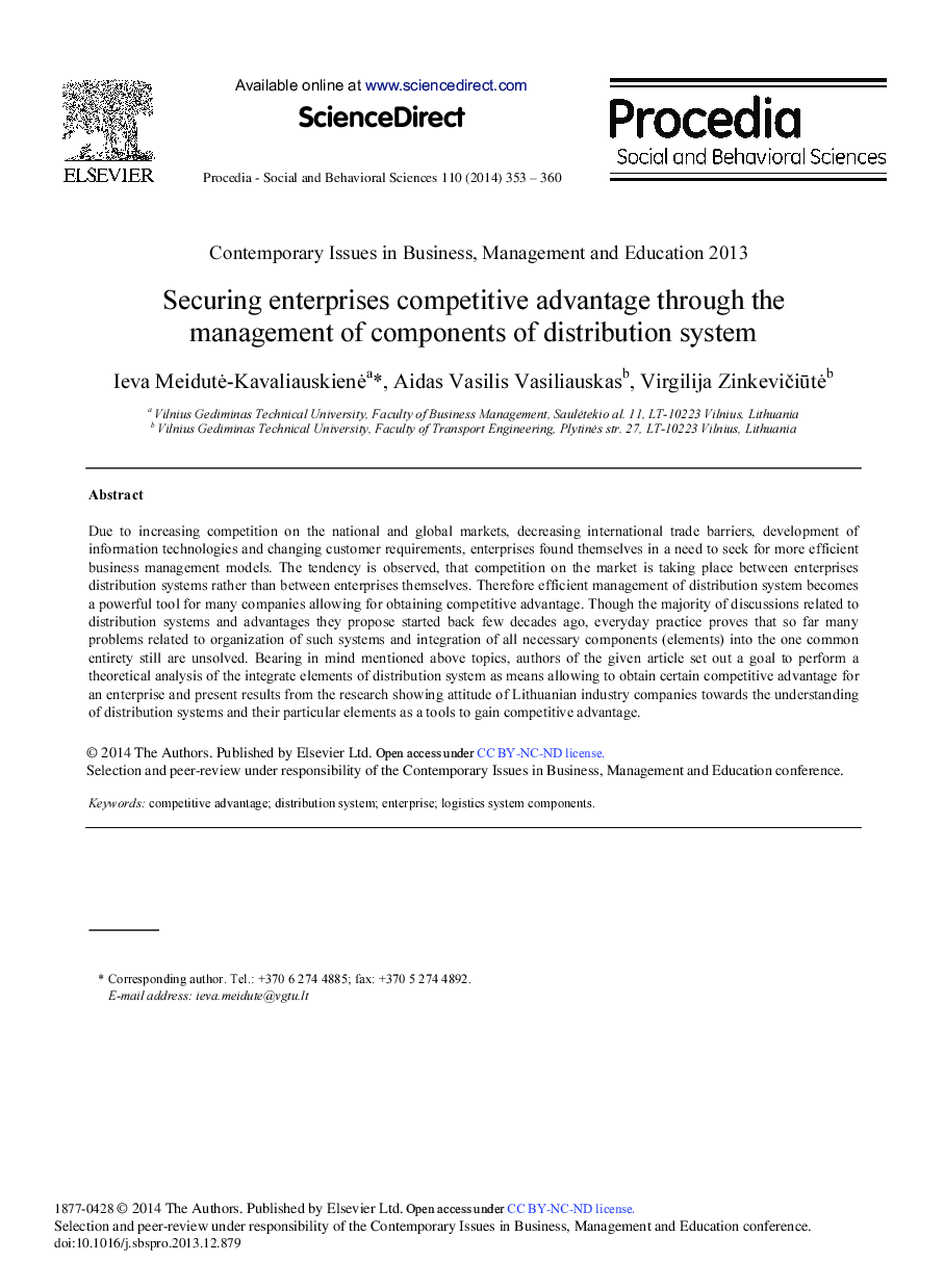 Securing Enterprises Competitive Advantage through the Management of Components of Distribution System 