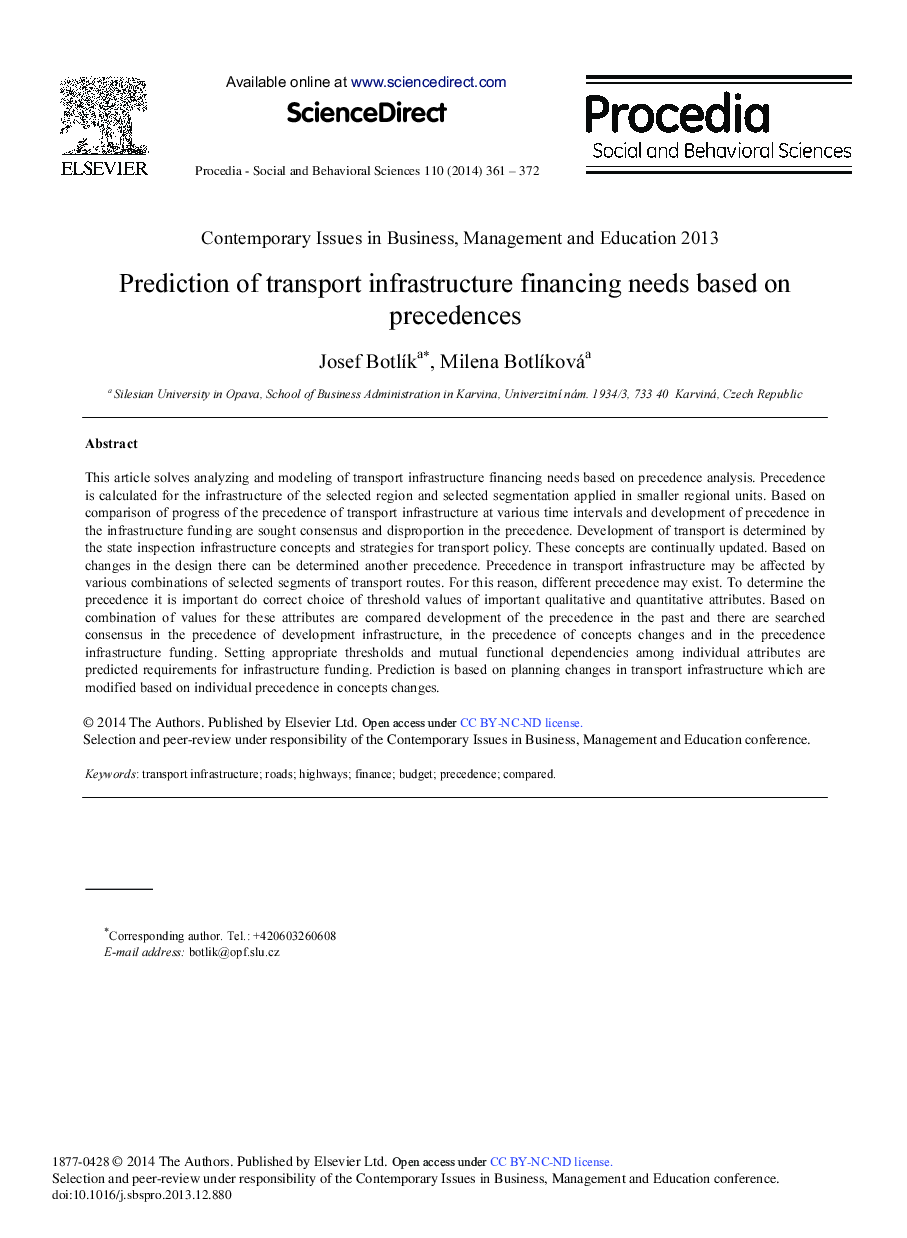 Prediction of Transport Infrastructure Financing Needs based on Precedences 