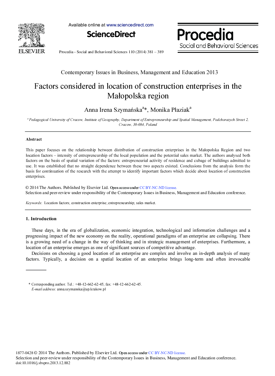 Factors Considered in Location of Construction Enterprises in the Małopolska Region 