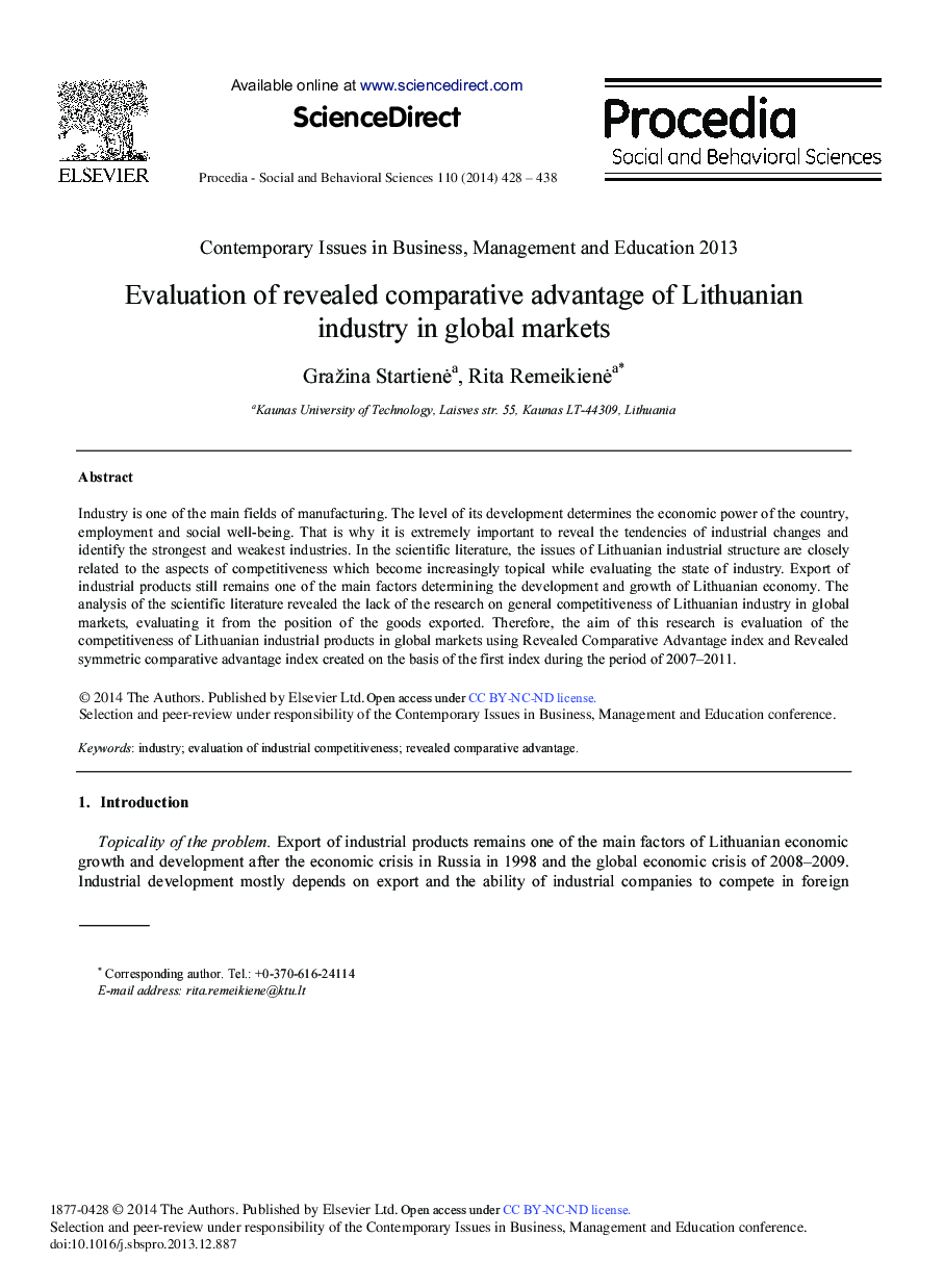 Evaluation of Revealed Comparative Advantage of Lithuanian Industry in Global Markets 