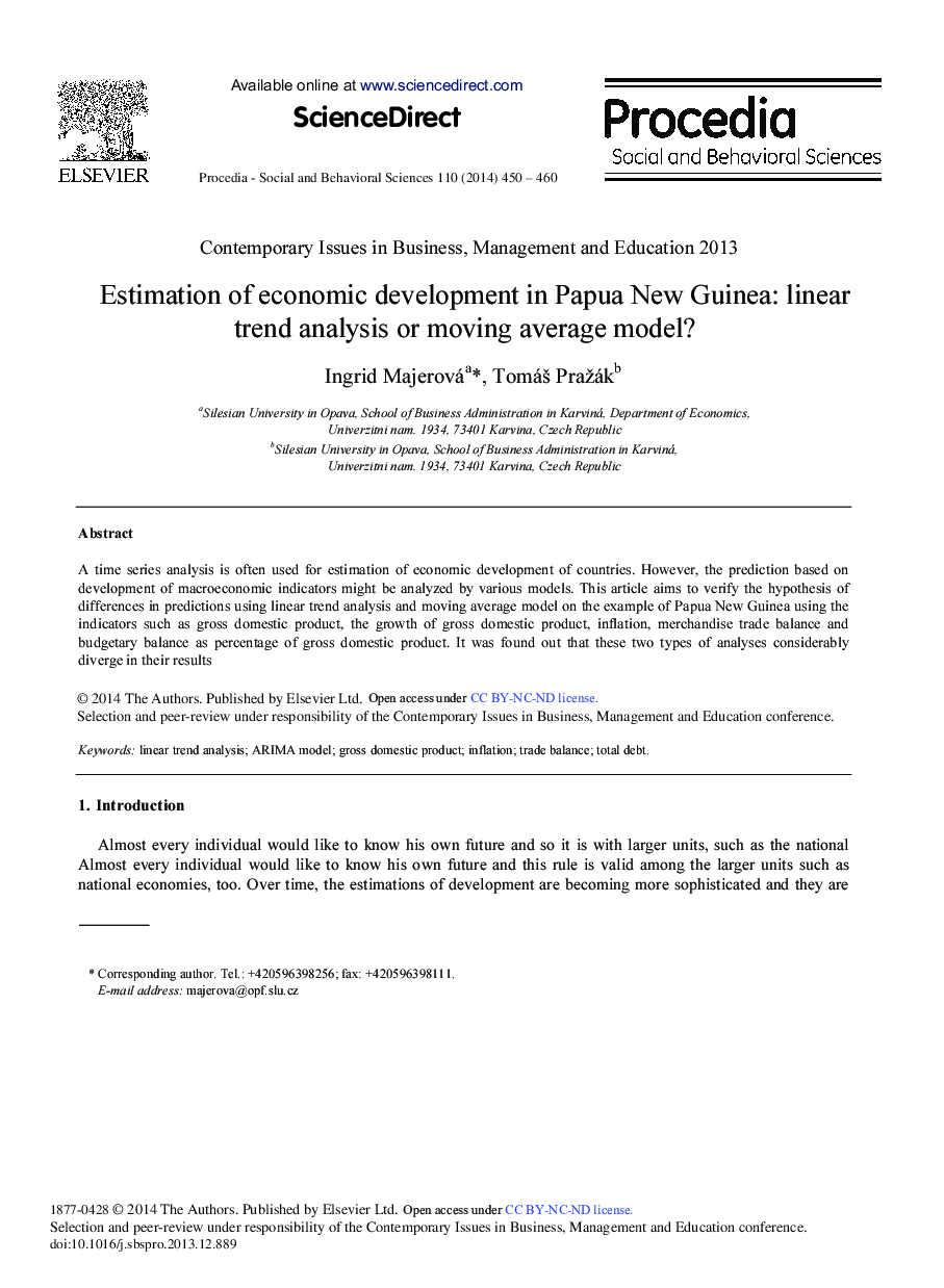 Estimation of Economic Development in Papua New Guinea: Linear Trend Analysis or Moving Average Model? 