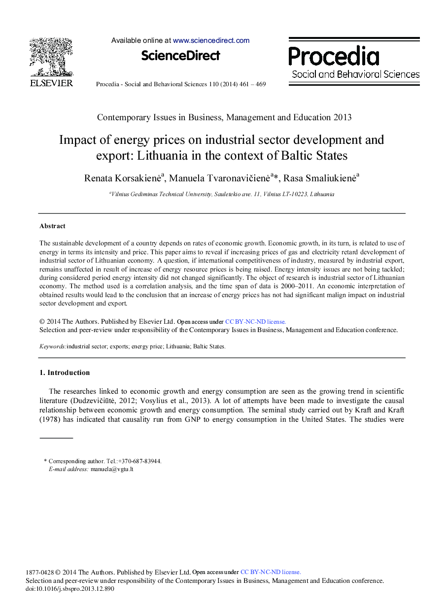 Impact of Energy Prices on Industrial Sector Development and Export: Lithuania in the Context of Baltic States 