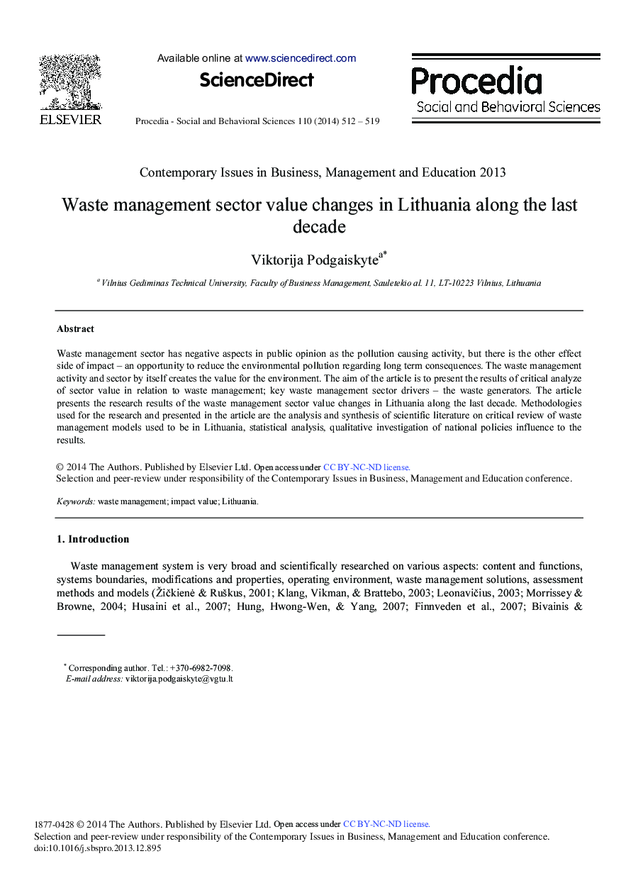 Waste Management Sector Value Changes in Lithuania Along the Last Decade 