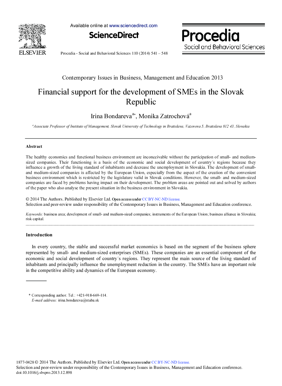 Financial Support for the Development of SMEs in the Slovak Republic 