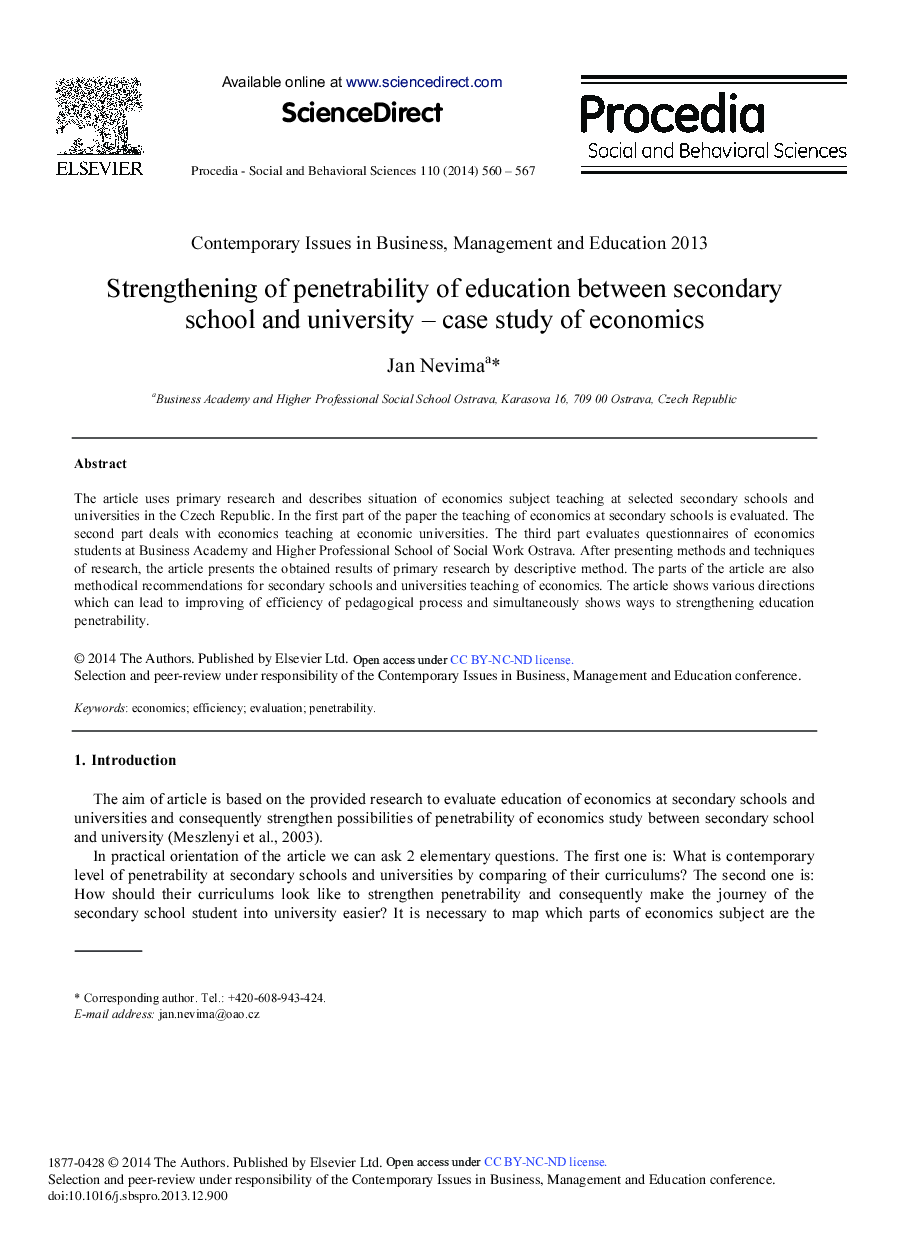 Strengthening of Penetrability of Education between Secondary School and University – Case Study of Economics 