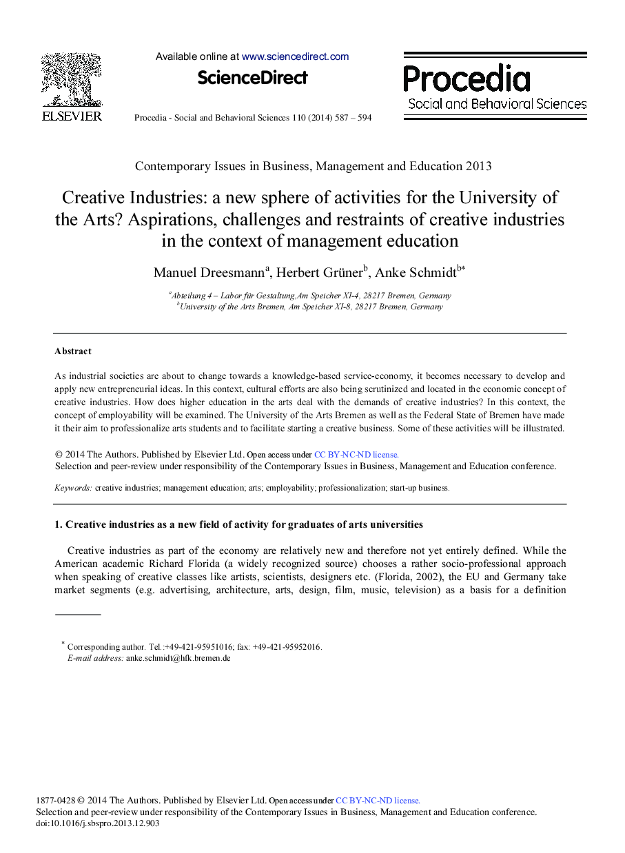 Creative Industries: A New Sphere of Activities for the University of the Arts? Aspirations, Challenges and Restraints of Creative Industries in the Context of Management Education 