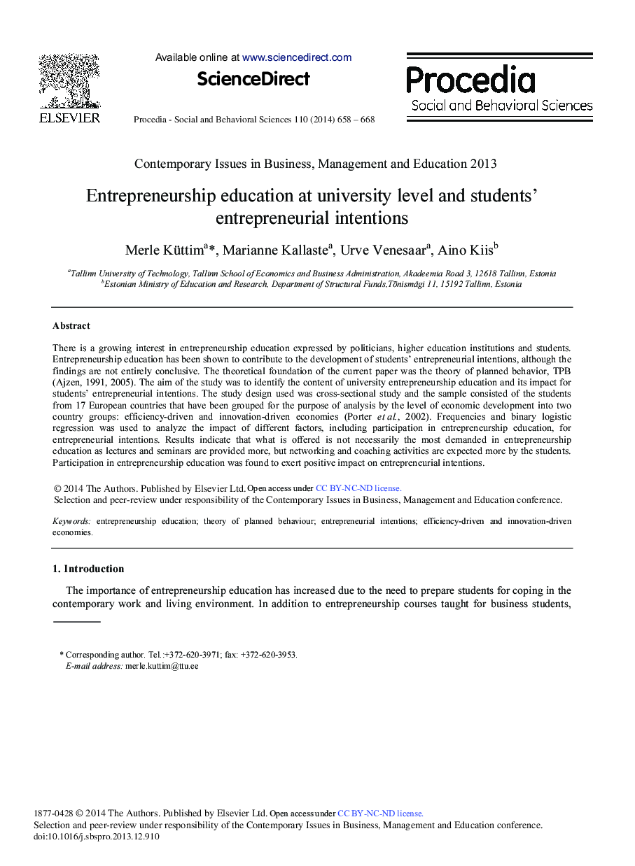 Entrepreneurship Education at University Level and Students’ Entrepreneurial Intentions 