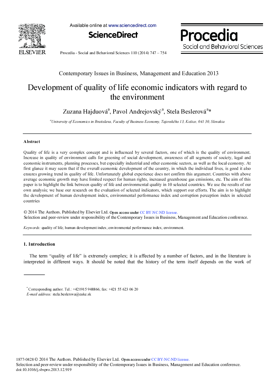 Development of Quality of Life Economic Indicators with Regard to the Environment 