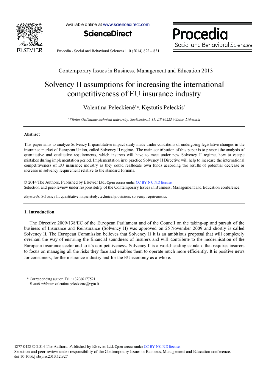 Solvency II Assumptions for Increasing the International Competitiveness of EU Insurance Industry 