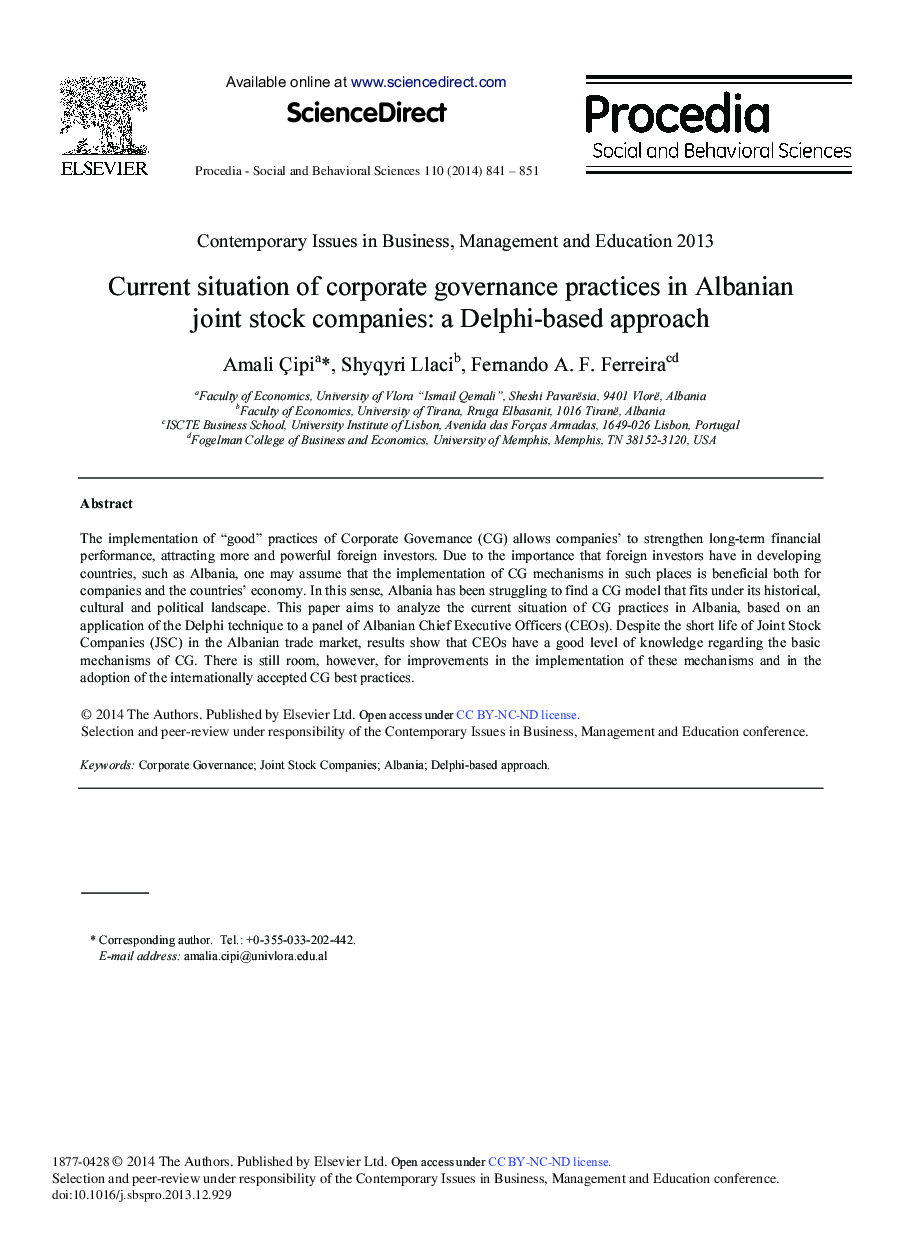 Current Situation of Corporate Governance Practices in Albanian Joint Stock Companies: A Delphi-based Approach 