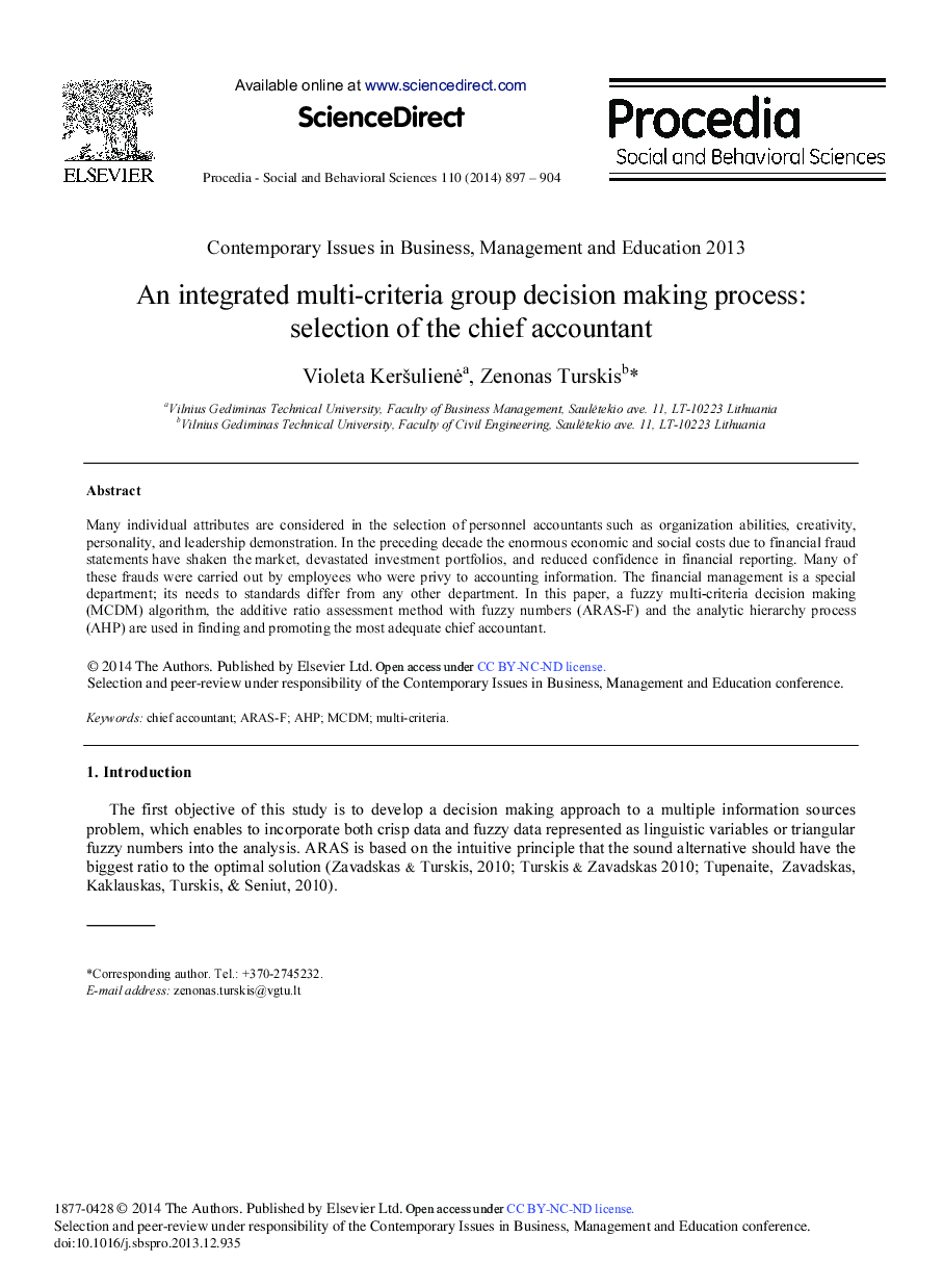 An Integrated Multi-criteria Group Decision Making Process: Selection of the Chief Accountant 