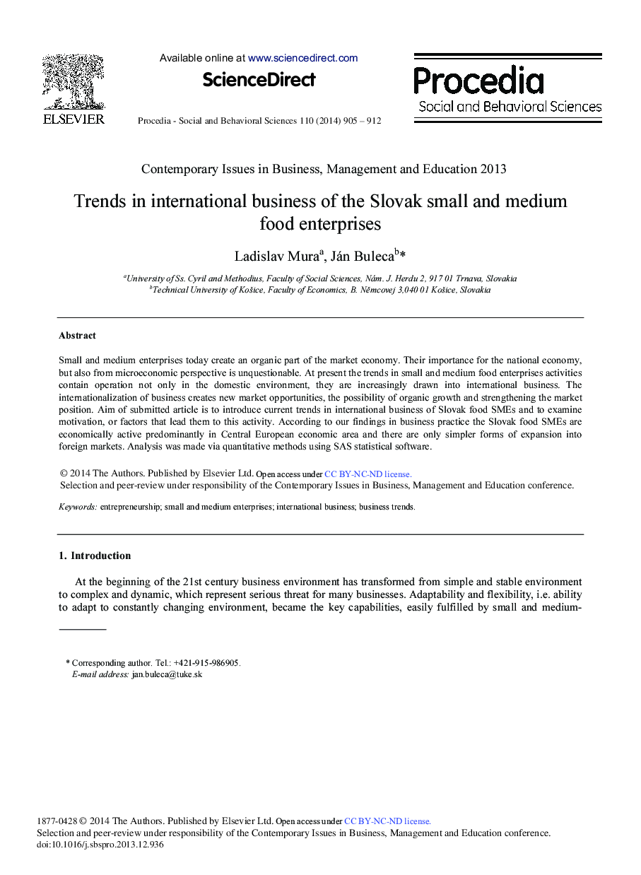 Trends in International Business of the Slovak Small and Medium Food Enterprises 