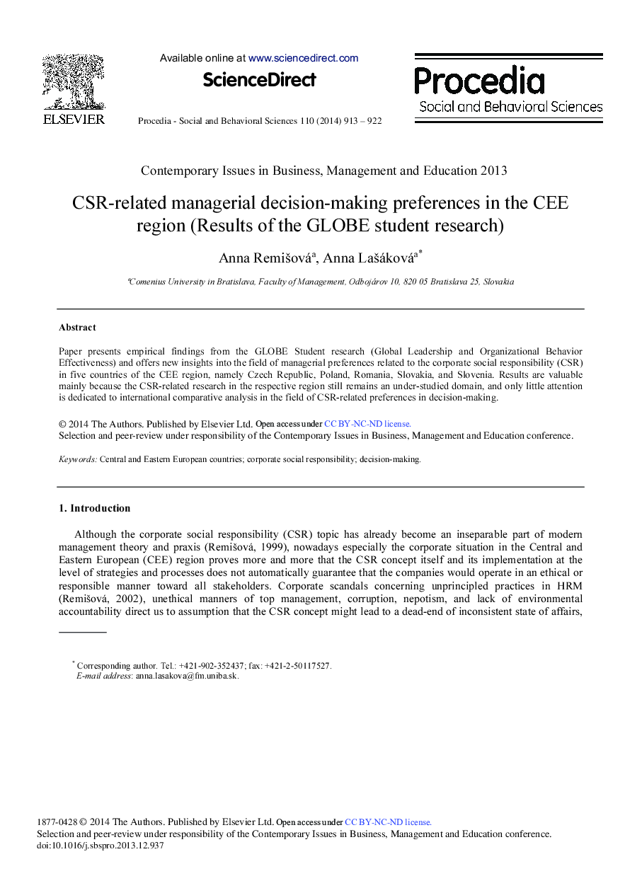 CSR-related Managerial Decision-making Preferences in the CEE Region (Results of the GLOBE Student Research) 