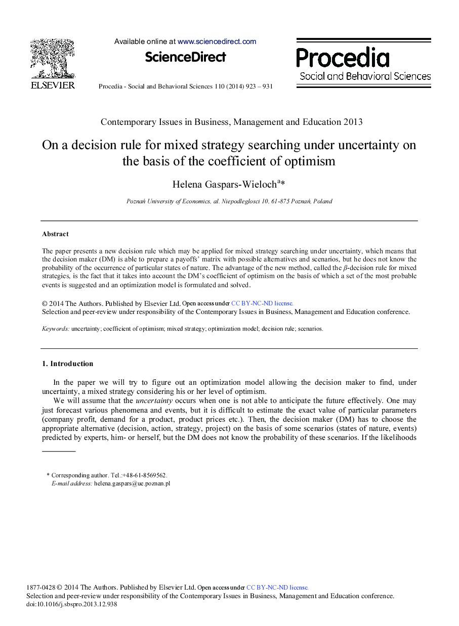 On a Decision Rule for Mixed Strategy Searching Under Uncertainty on the basis of the Coefficient of Optimism 