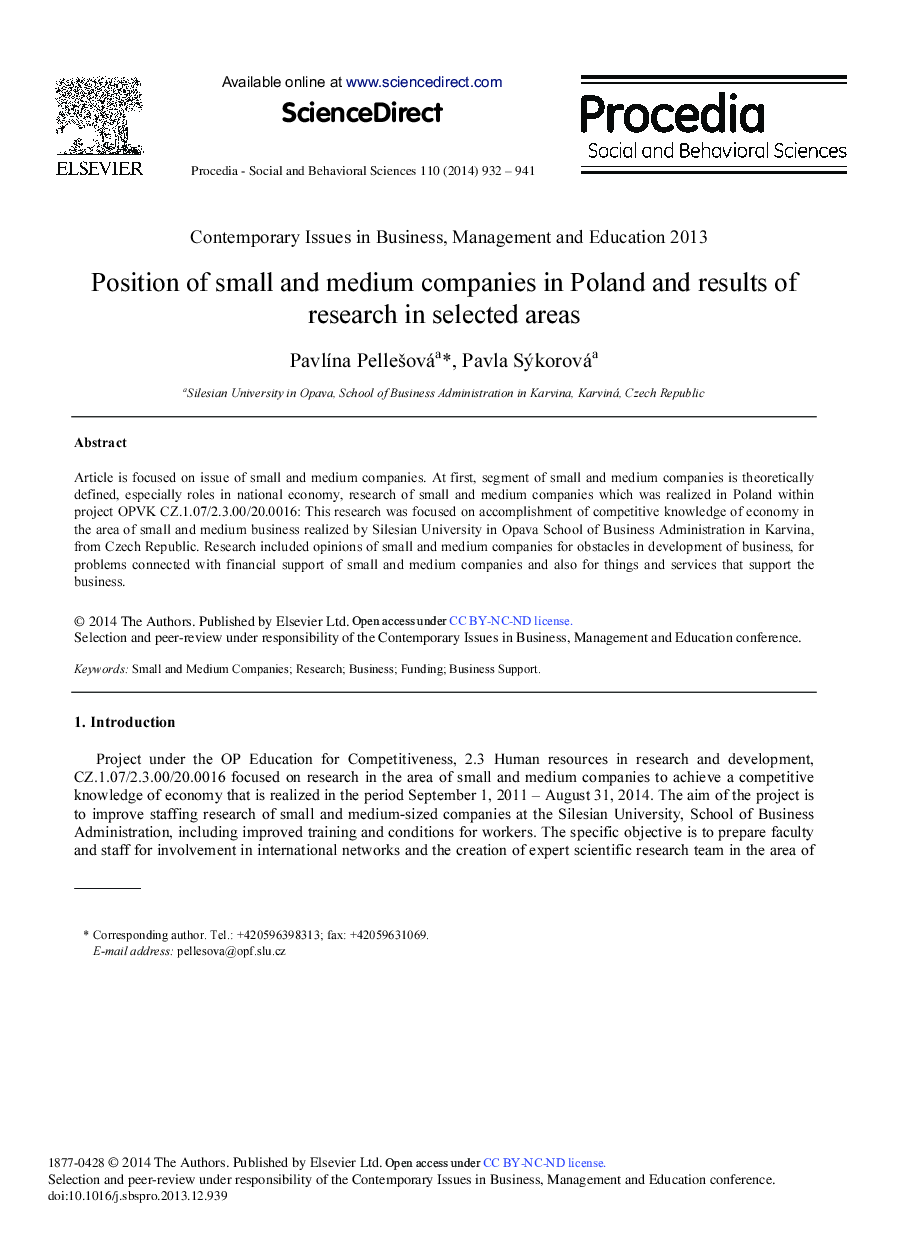 Position of Small and Medium Companies in Poland and Results of Research in Selected Areas 