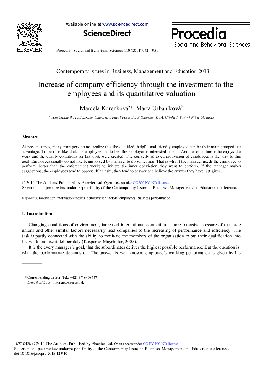 Increase of Company Efficiency through the Investment to the Employees and its Quantitative Valuation 