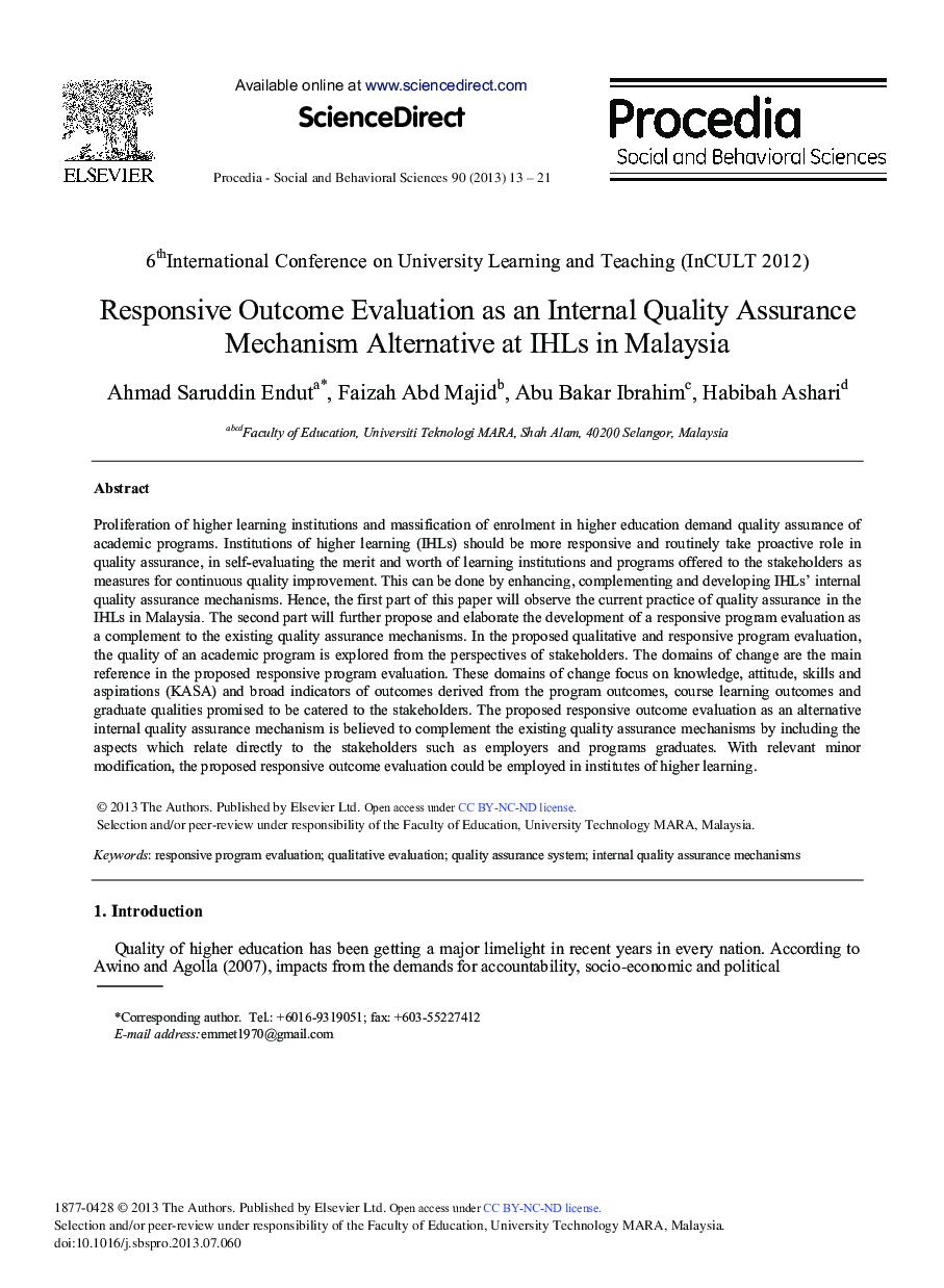 Responsive Outcome Evaluation as an Internal Quality Assurance Mechanism Alternative at IHLs in Malaysia 