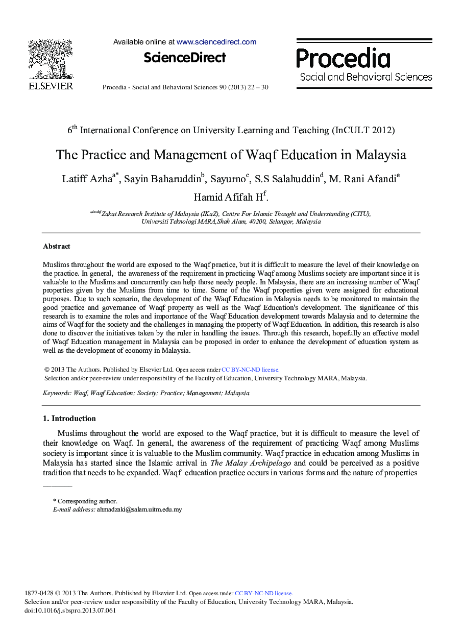 The Practice and Management of Waqf Education in Malaysia 