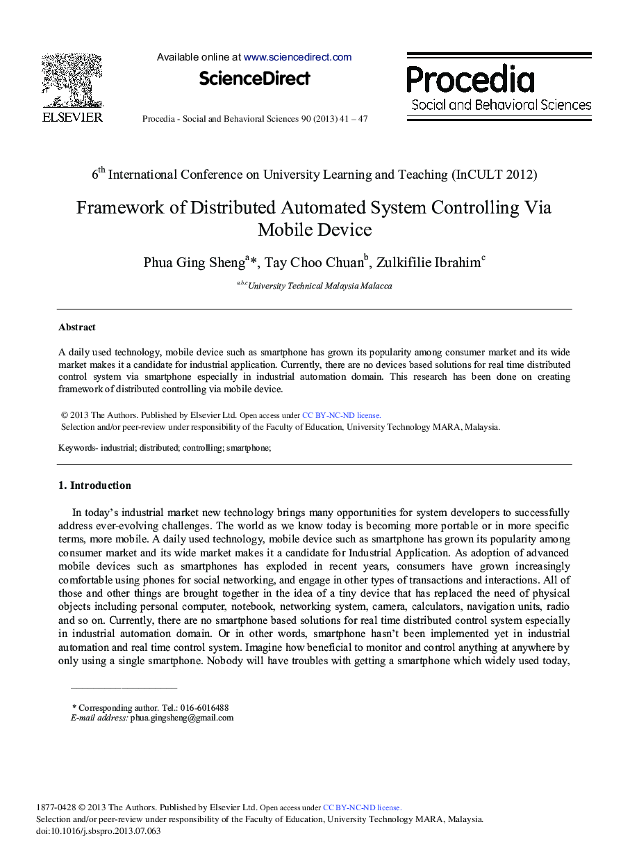 Framework of Distributed Automated System Controlling Via Mobile Device 