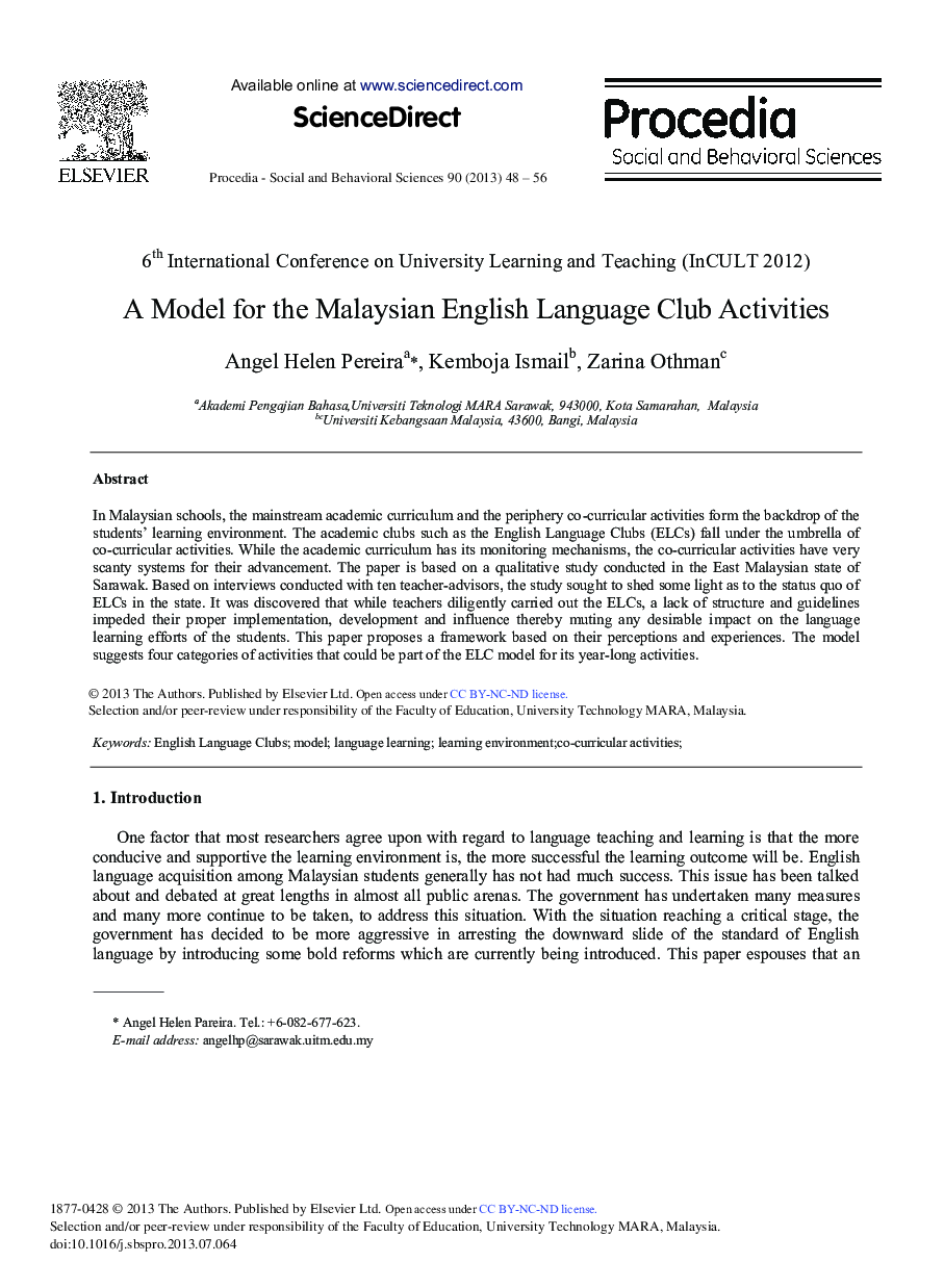 A Model for the Malaysian English Language Club Activities 