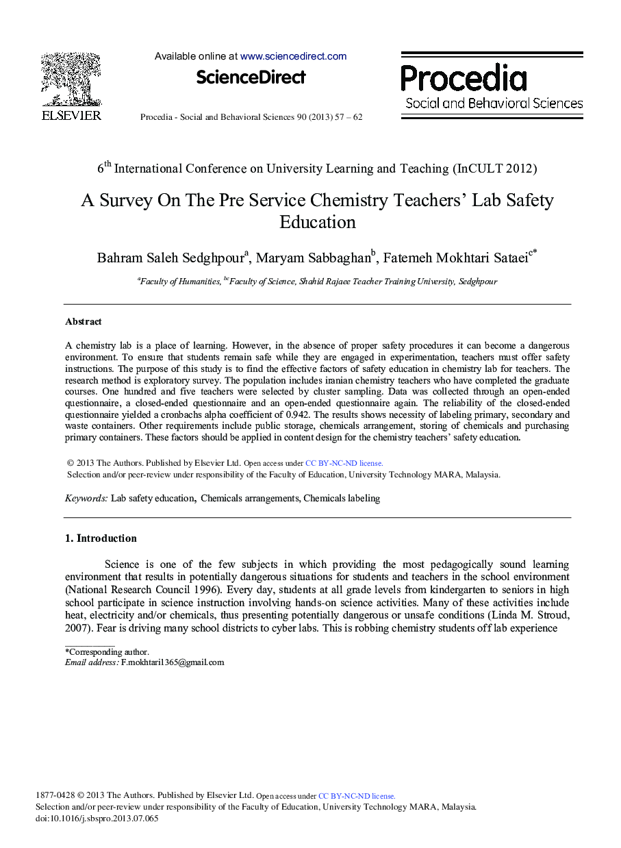 A Survey on the Pre Service Chemistry Teachers’ Lab Safety Education 