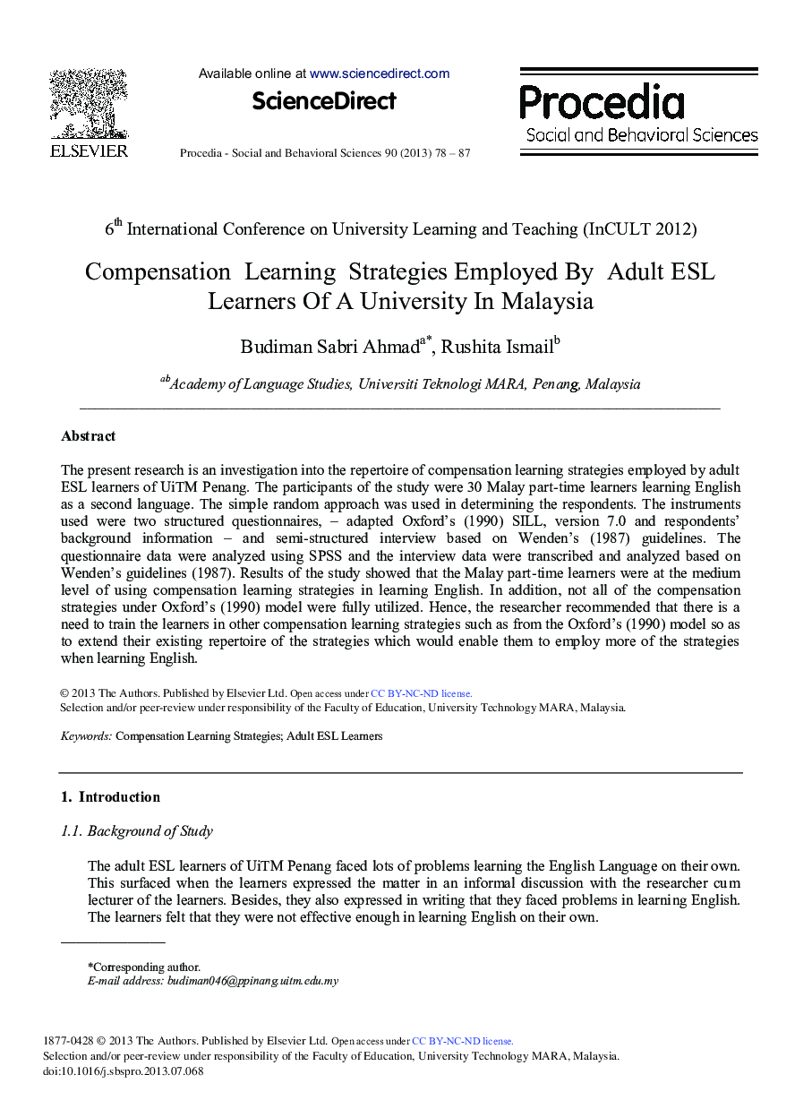 Compensation Learning Strategies Employed by Adult ESL Learners of a University in Malaysia 