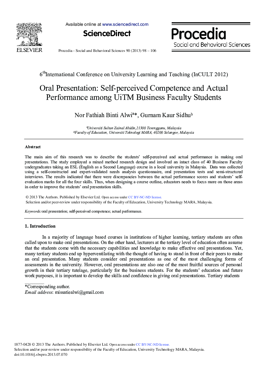 Oral Presentation: Self-perceived Competence and Actual Performance among UiTM Business Faculty Students 