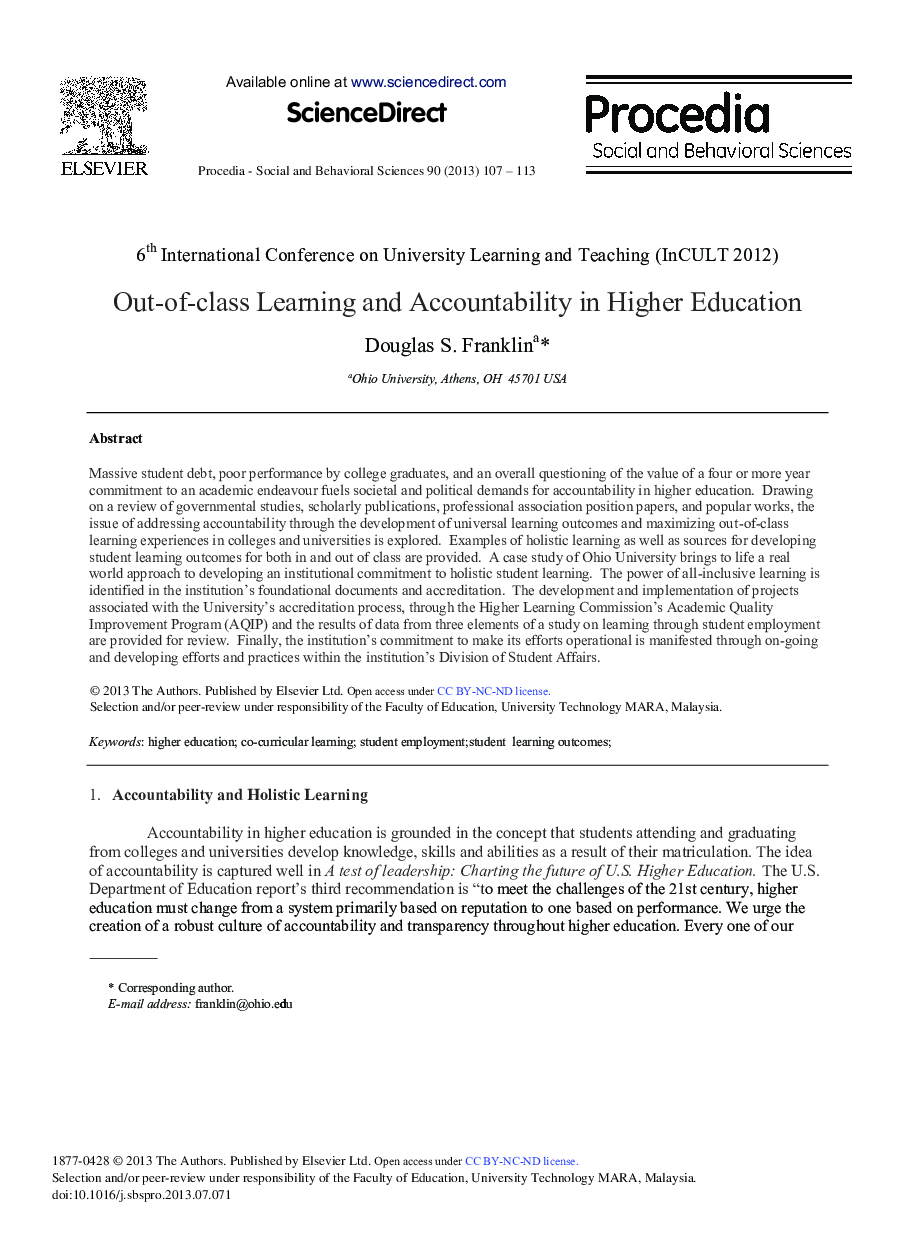 Out-of-class Learning and Accountability in Higher Education 