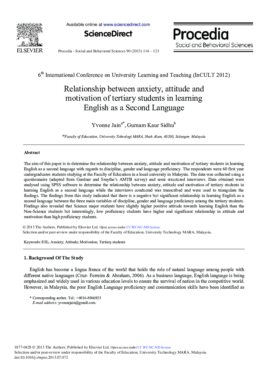 Relationship between Anxiety, Attitude and Motivation of Tertiary Students in Learning English as a Second Language 