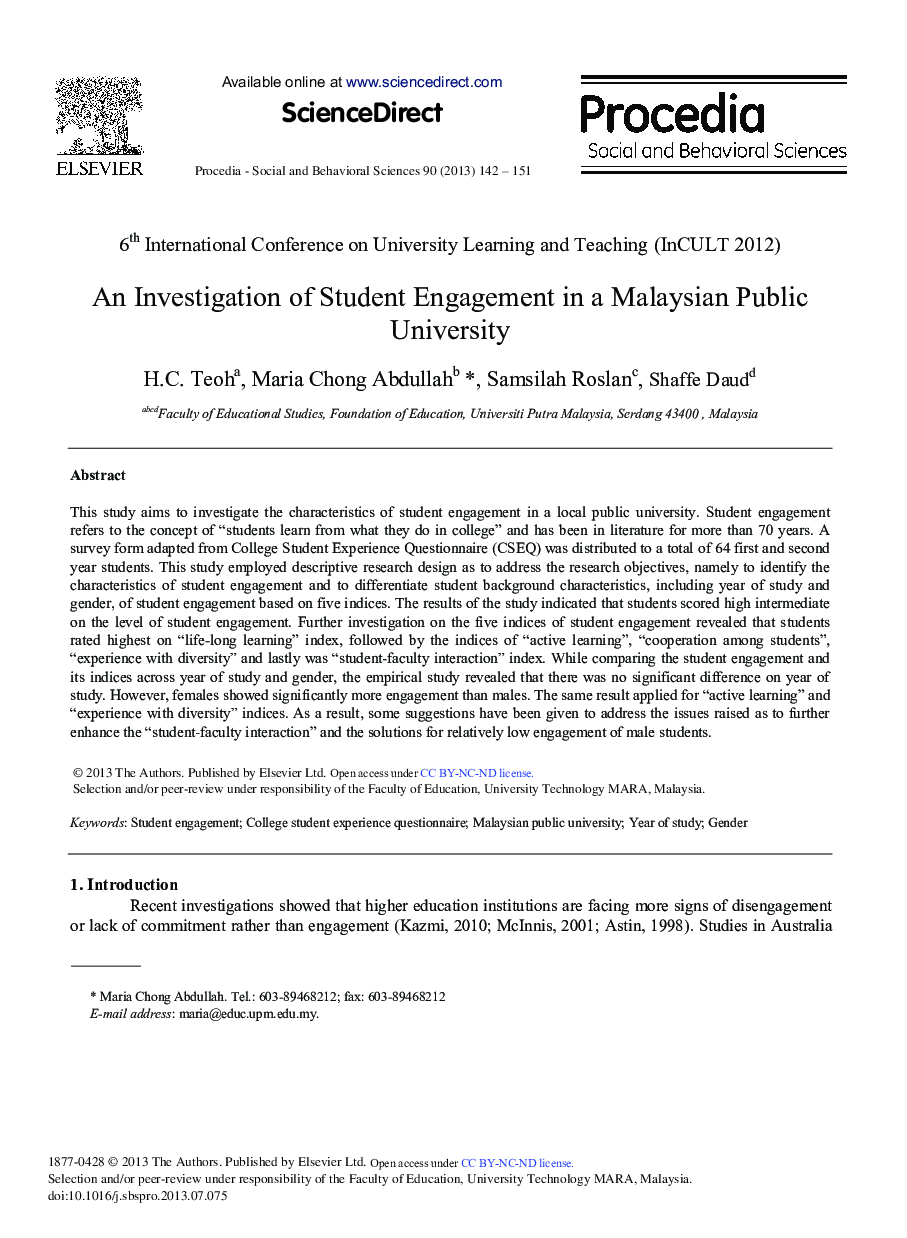 An Investigation of Student Engagement in a Malaysian Public University 