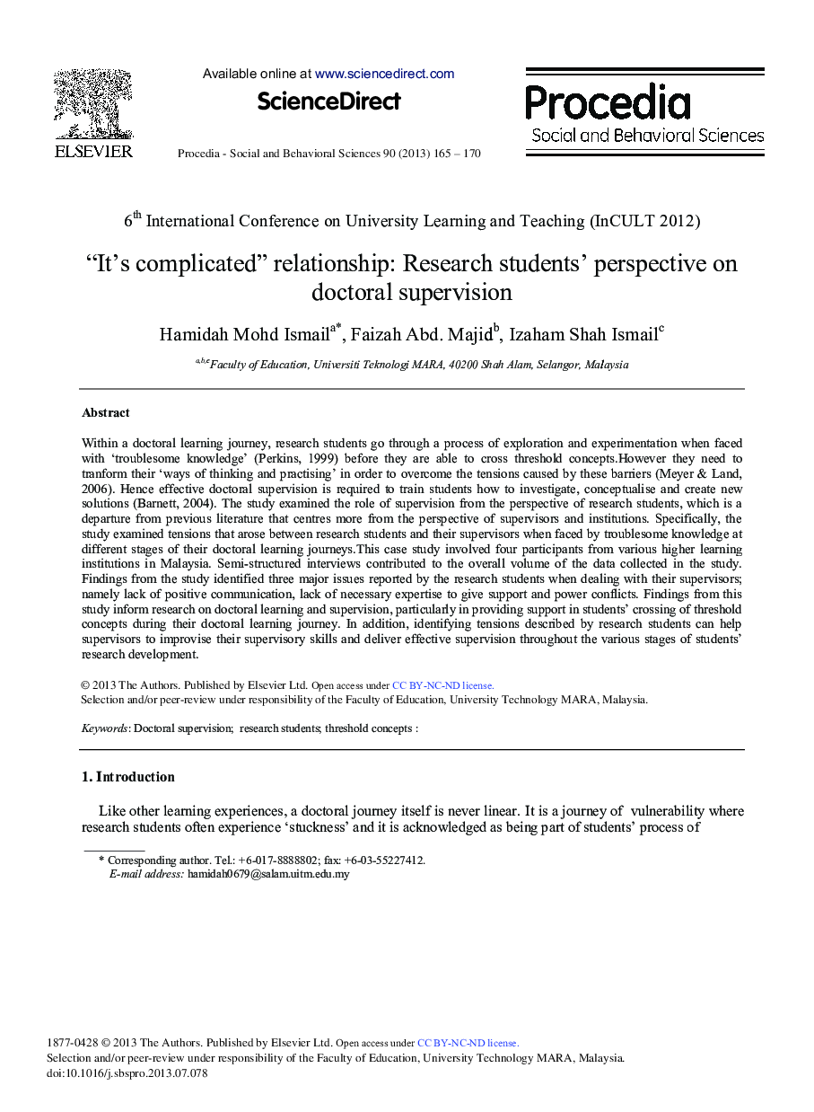 “It's complicated” Relationship: Research Students’ Perspective on Doctoral Supervision 