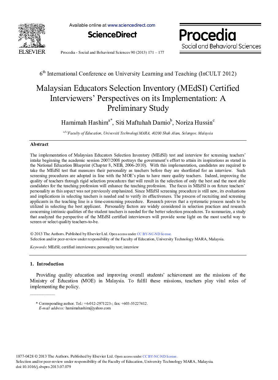 Malaysian Educators Selection Inventory (MEdSI) Certified Interviewers’ Perspectives on its Implementation: A Preliminary Study 