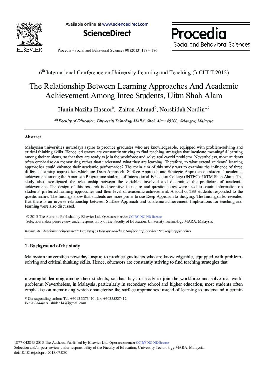 The Relationship between Learning Approaches and Academic Achievement Among Intec Students, Uitm Shah Alam 