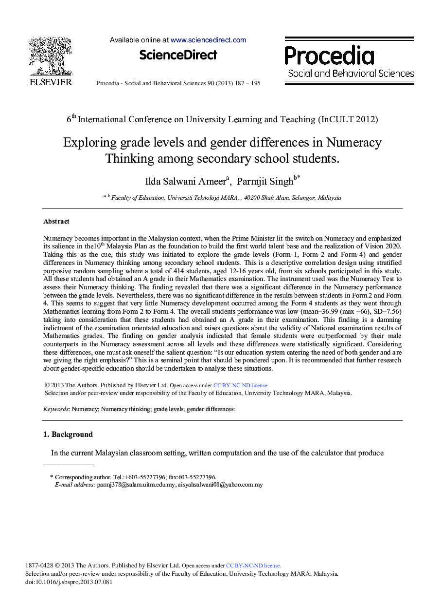 Exploring Grade Levels and Gender Differences in Numeracy Thinking Among Secondary School Students 