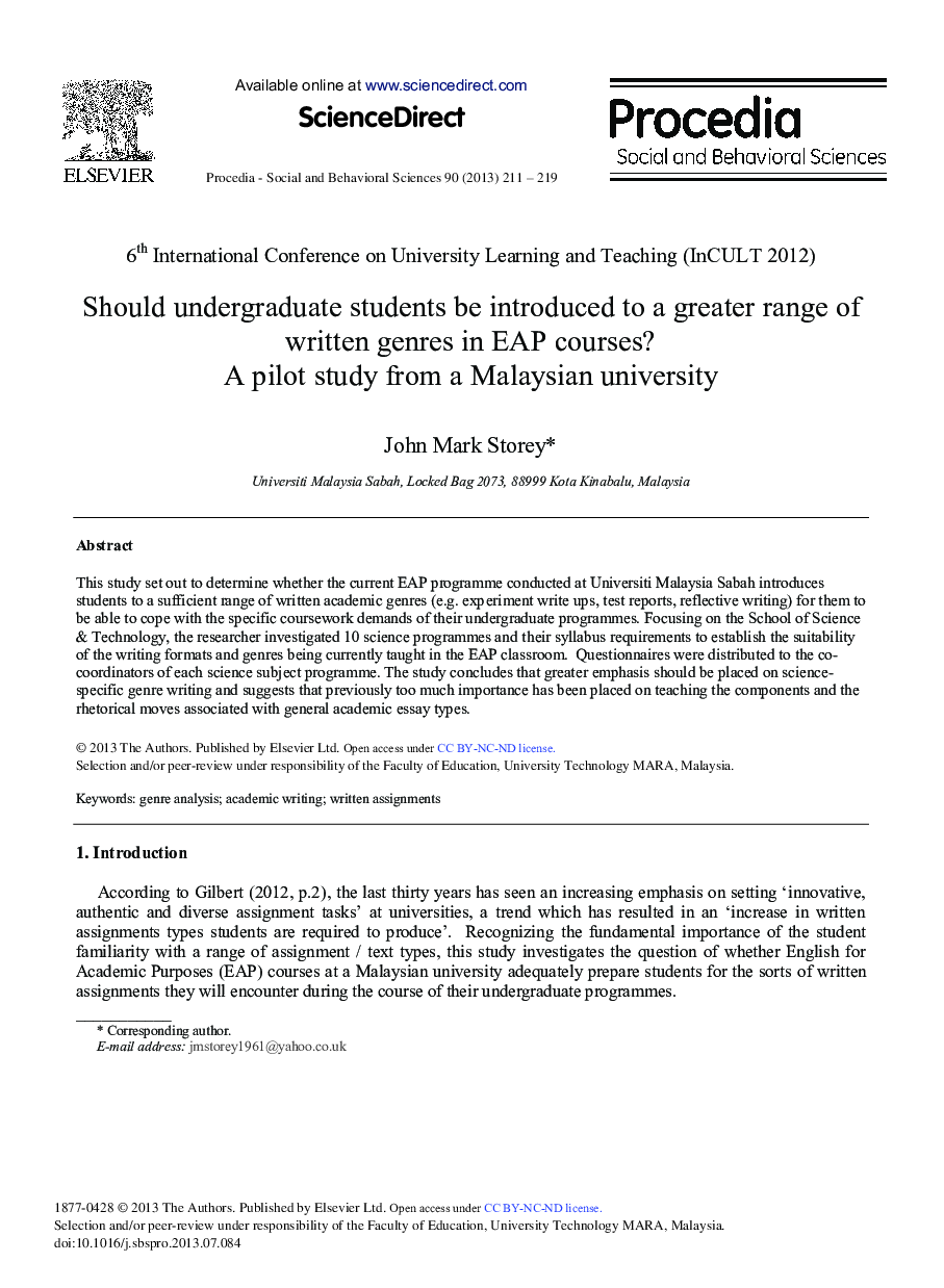 Should Undergraduate Students be Introduced to a Greater Range of Written Genres in EAP Courses? A Pilot Study from a Malaysian University 