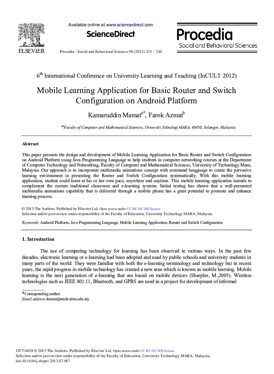 Mobile Learning Application for Basic Router and Switch Configuration on Android Platform 