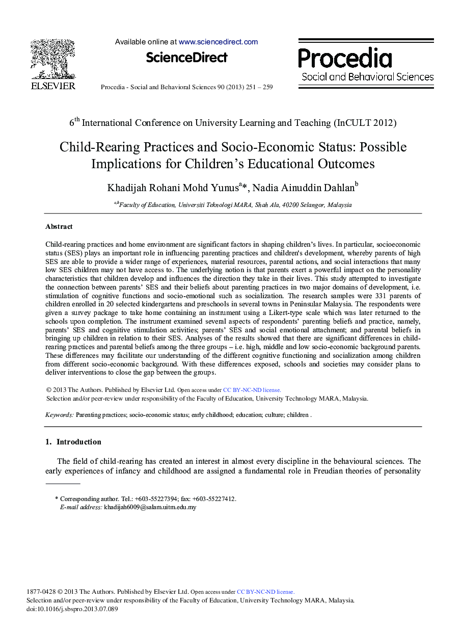 Child-rearing Practices and Socio-economic Status: Possible Implications for Children's Educational Outcomes 