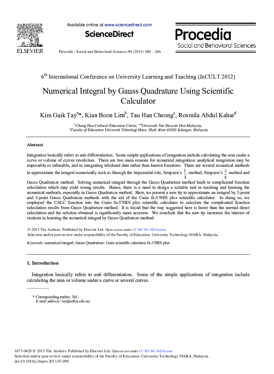 Numerical Integral by Gauss Quadrature Using Scientific Calculator 