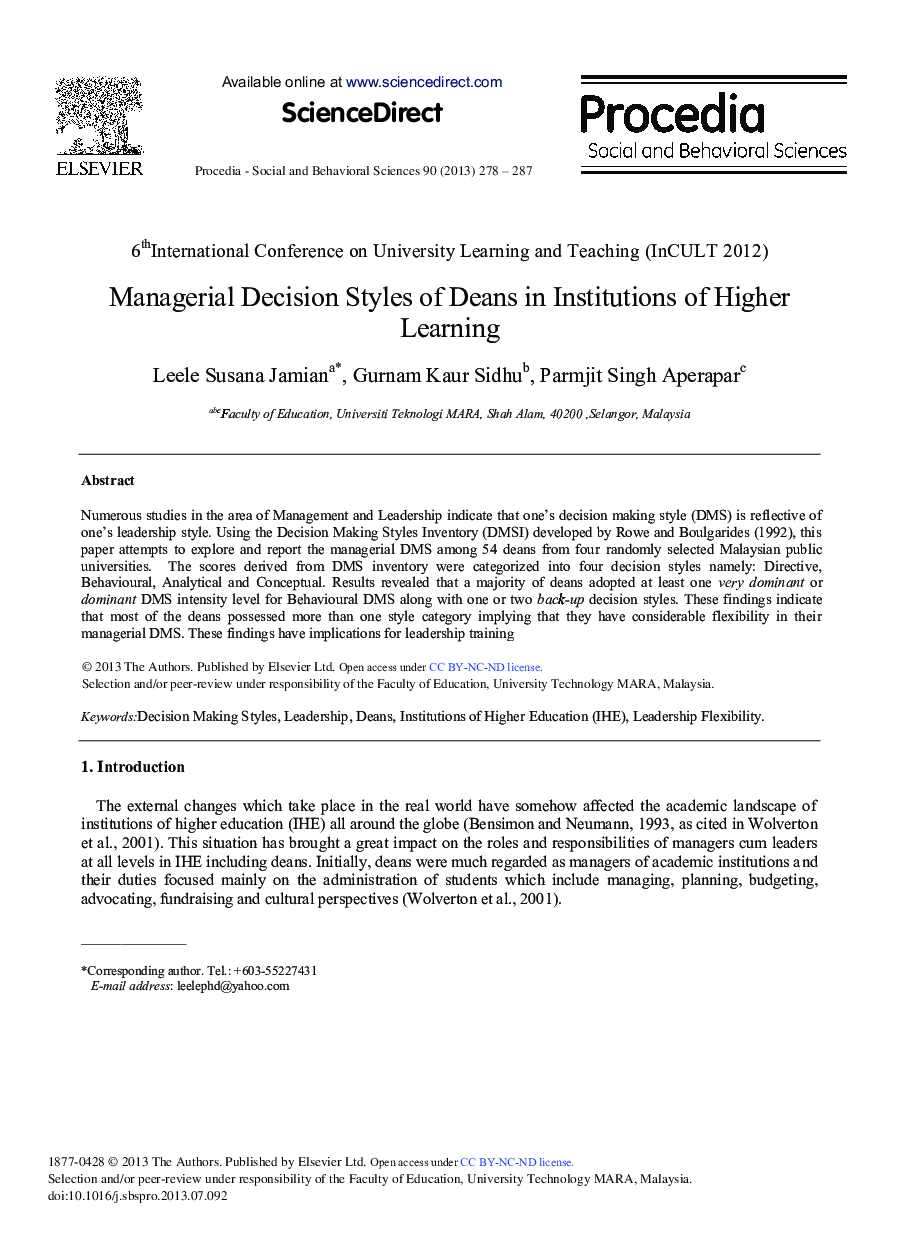 Managerial Decision Styles of Deans in Institutions of Higher Learning 