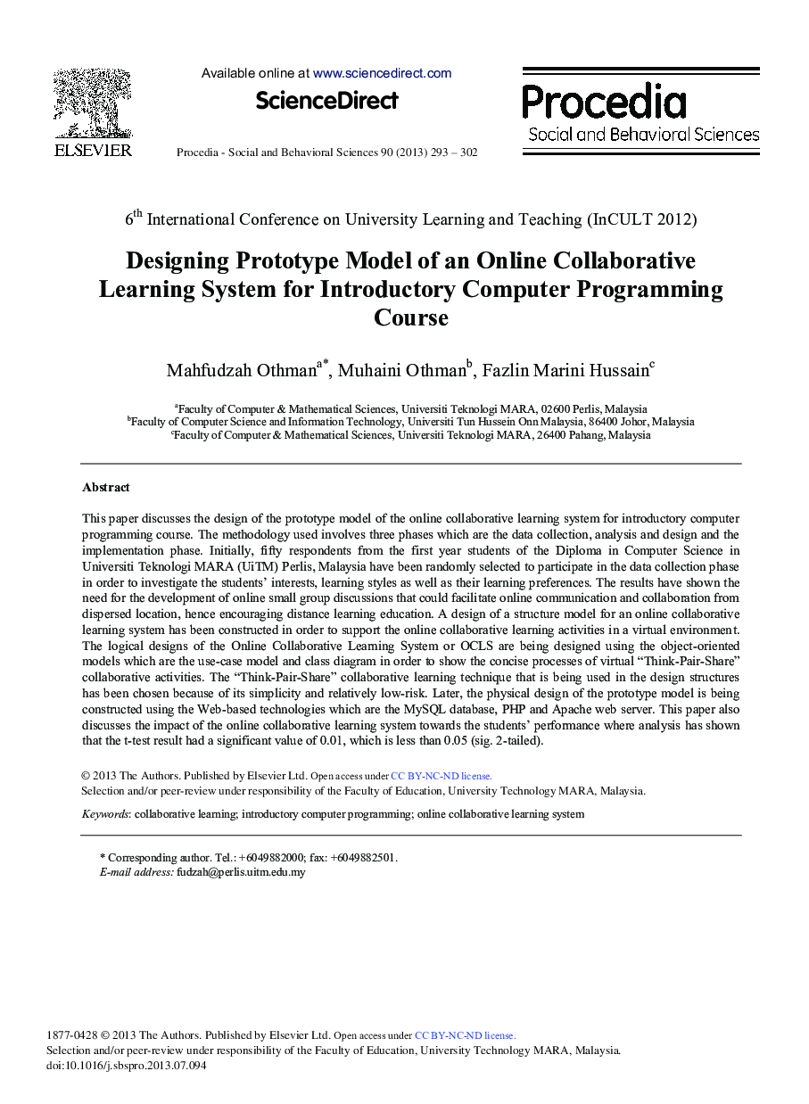 Designing Prototype Model of an Online Collaborative Learning System for Introductory Computer Programming Course 