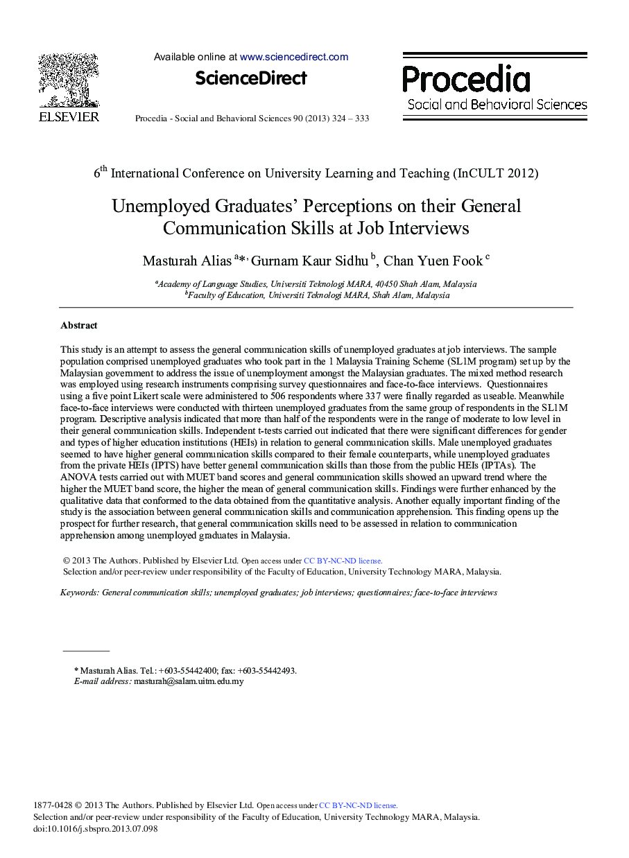 Unemployed Graduates’ Perceptions on their General Communication Skills at Job Interviews 