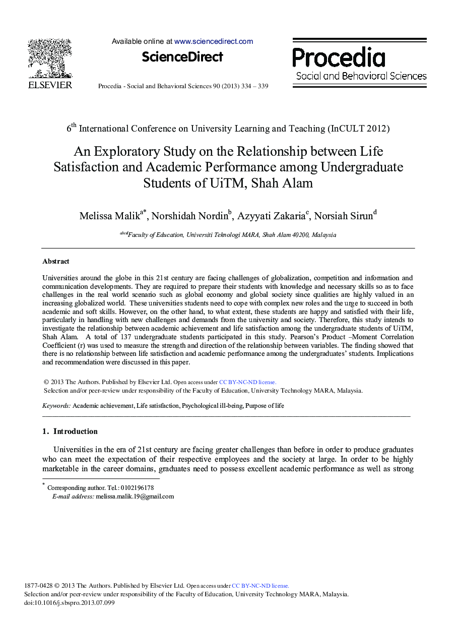 An Exploratory Study on the Relationship between Life Satisfaction and Academic Performance Among Undergraduate Students of UiTM, Shah Alam 