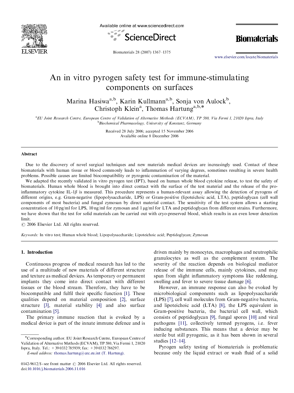 An in vitro pyrogen safety test for immune-stimulating components on surfaces